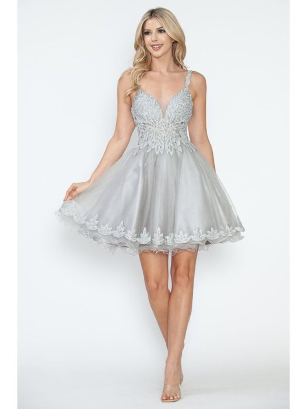 Clearance Silver Homecoming Tulle with Sequin Lace Bodice Flare Cocktail Dress